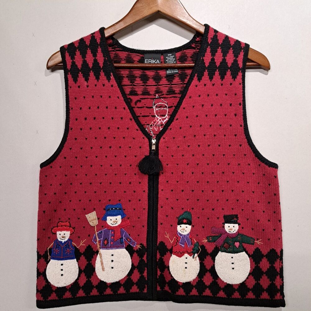 Erika Petite Medium Vintage Holiday Christmas Textured Snowman Tassel Zip Vest